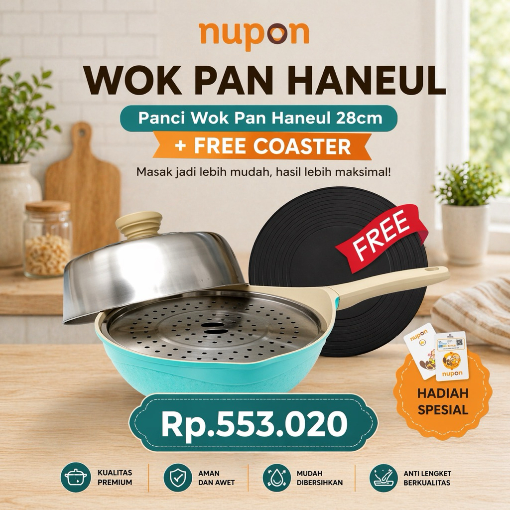 NUPON Hampers Luthfi - Panci Wok Pan Haneul 28cm FREE COASTER Tatakan Panci Anti Kerak Lengket