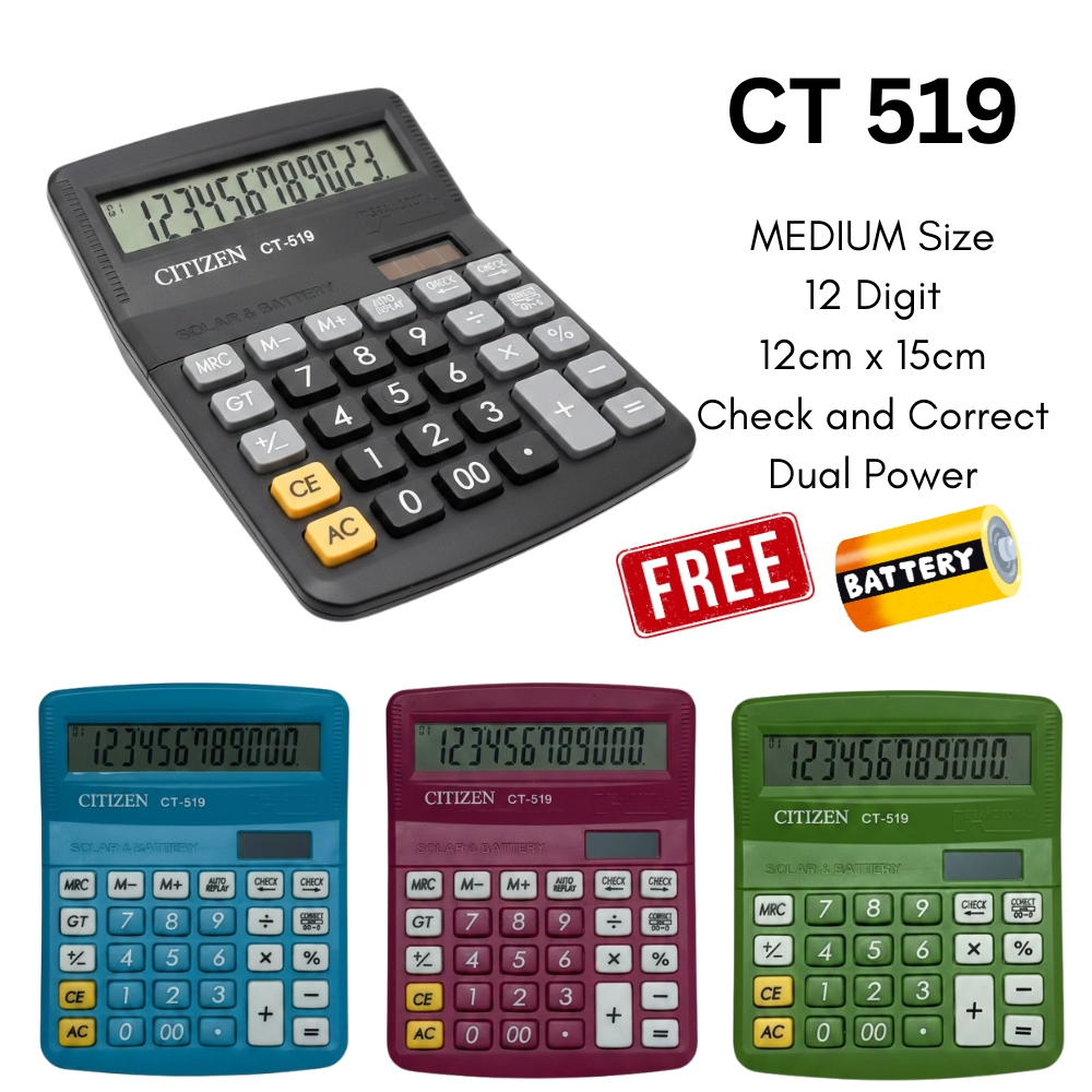 Kalkulator Minimalis Warna Hitam Polos Dagang Sekolah Pabrik 21cm x 15cm Alat Hitung Citizen CT 519