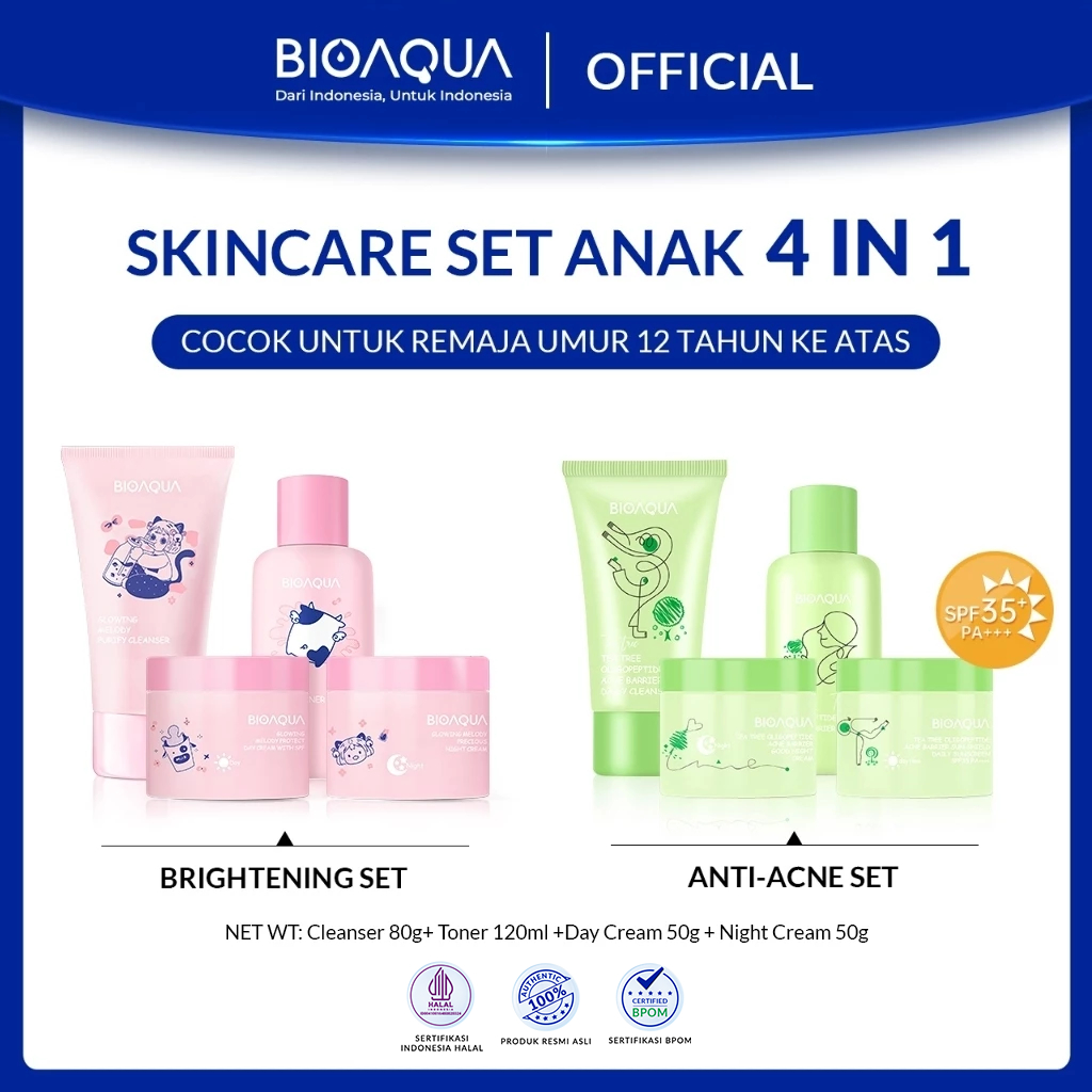 BIOAQUA Skincare Anak Paket 4pcs Niacinamide Glowing & Brightening / Tea Tree Oligopeptide Acne Set 