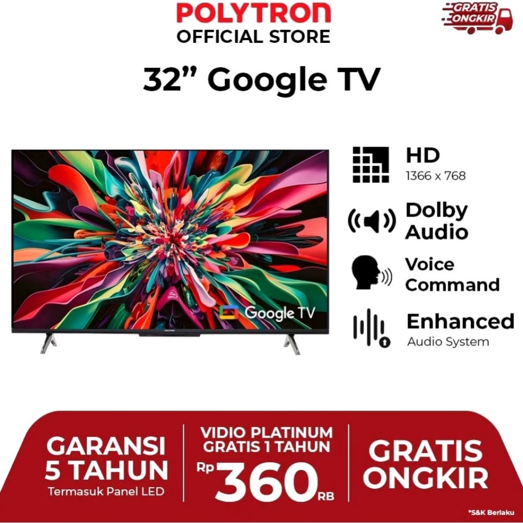 (INSTAN JOGJA) POLYTRON Smart G00GLE TV 32 Inch HD - PLD 32RG5059 - Garansi 5 Tahun Termasuk Panel L