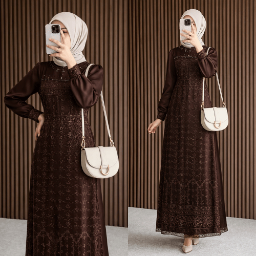[NEW ARRIVAL] Manda Dress Satin Premium Brokat Tille Special Mahogany Burgundy Coklat Tua Gelap | Pa