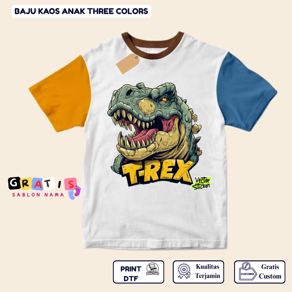 shabira tas  - Kaos Anak Dino T-REX  - Kaos Anak Pendek Three Colors Dino - Kaos Anak Sablon Nama