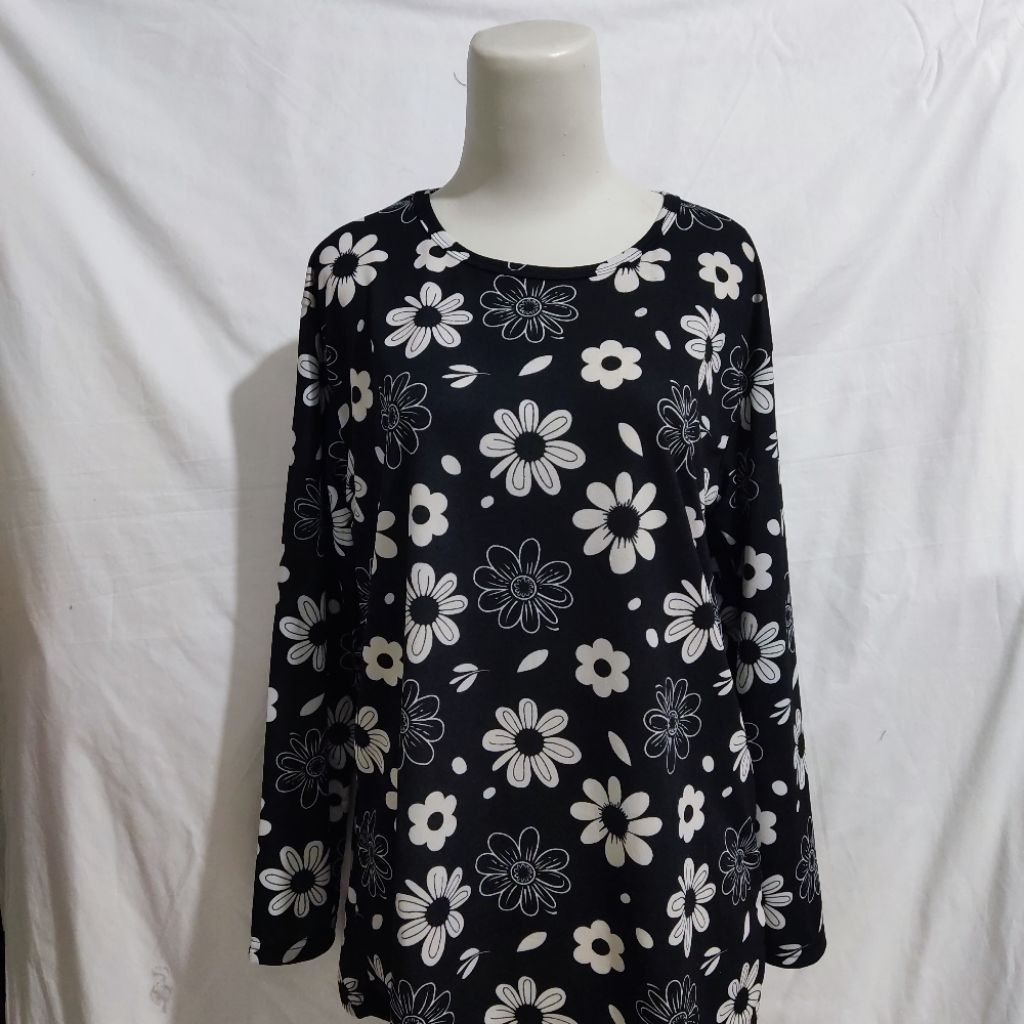 Baju Kaos Oversized Wanita Bahan Jersey Motif Bunga Lengan Panjang Untuk Ukuran L