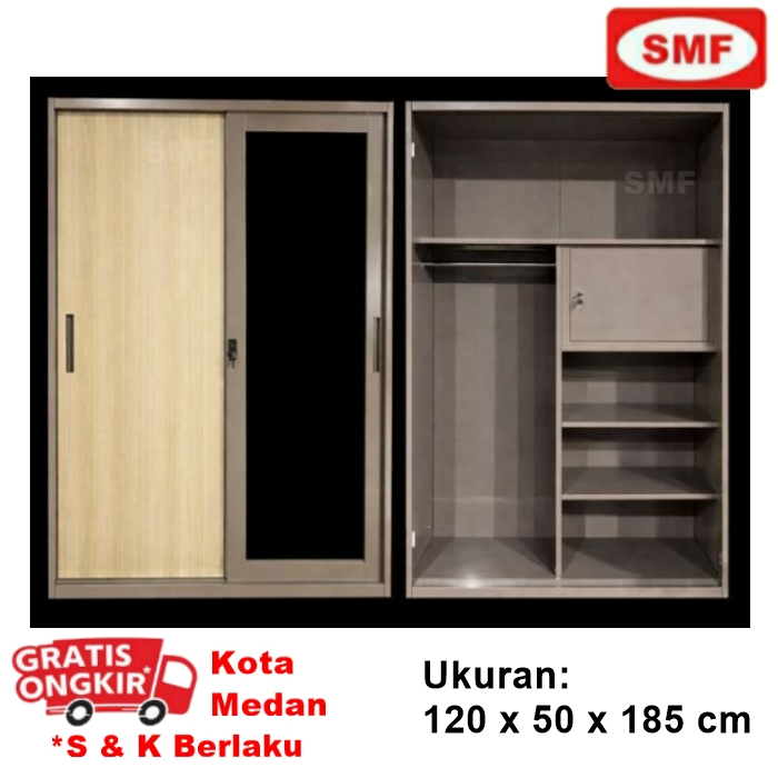 LEMARI PAKAIAN BESI 2P - GF B4 - LEMARI PINTU BESI SLIDING - MOTIF KAYU