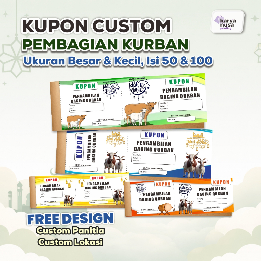 Kupon Pembagian Kurban Custom [ ATK INDONESIA ] HVS 70gsm Full Color Ukuran 20x6.5 & 15x5cm Nomor Ur
