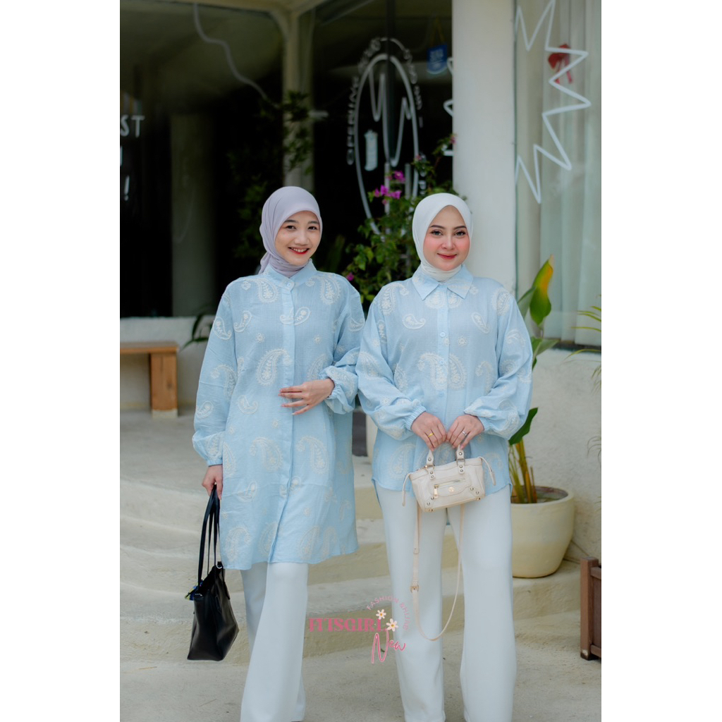 Tunik Blouse kemeja motif daun bulu batik lengan panjang