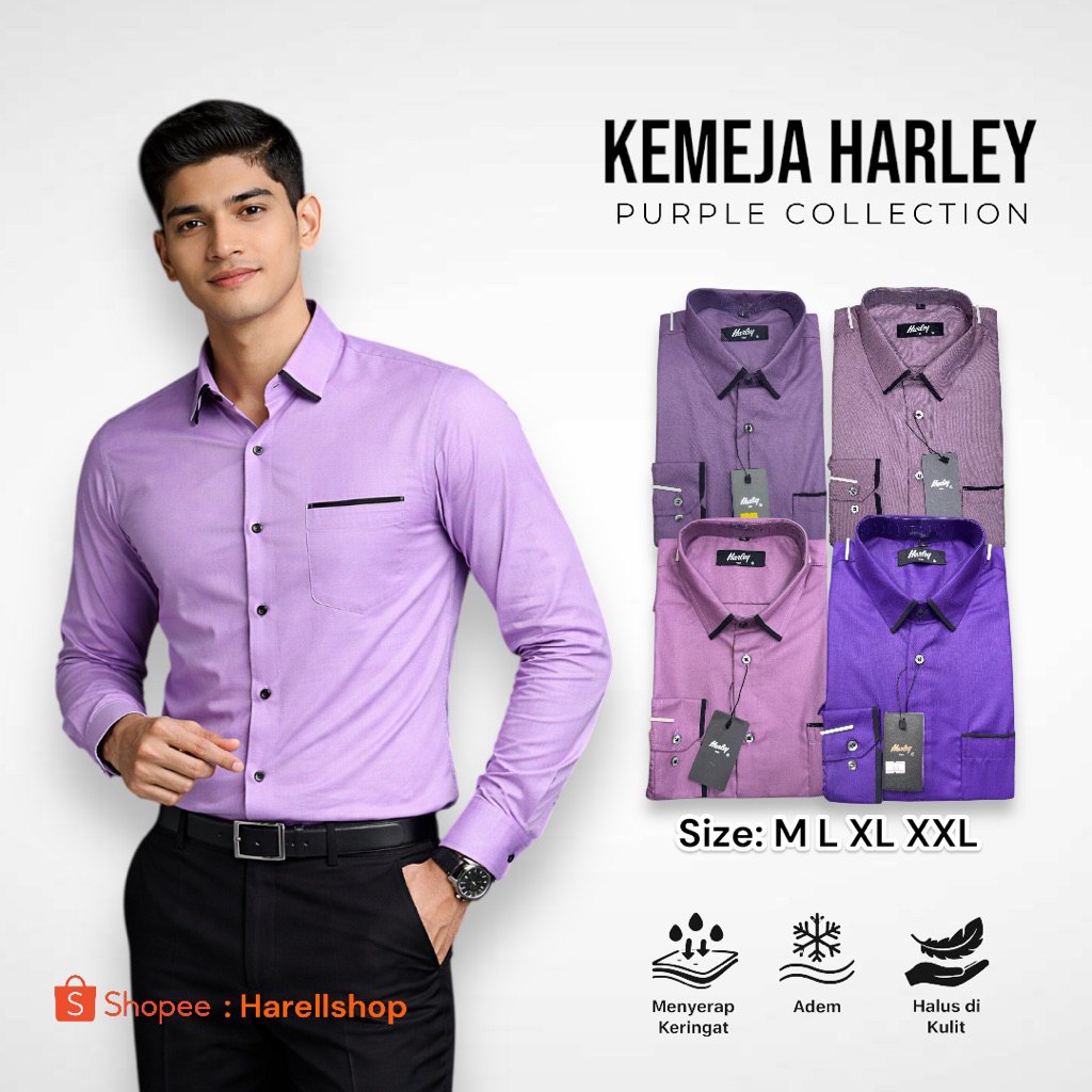 Ready BISA COD - Kemeja HARLEY MAN PURPLE COLLECTION lengan panjang harley warna UNGU DUSTY lilac so