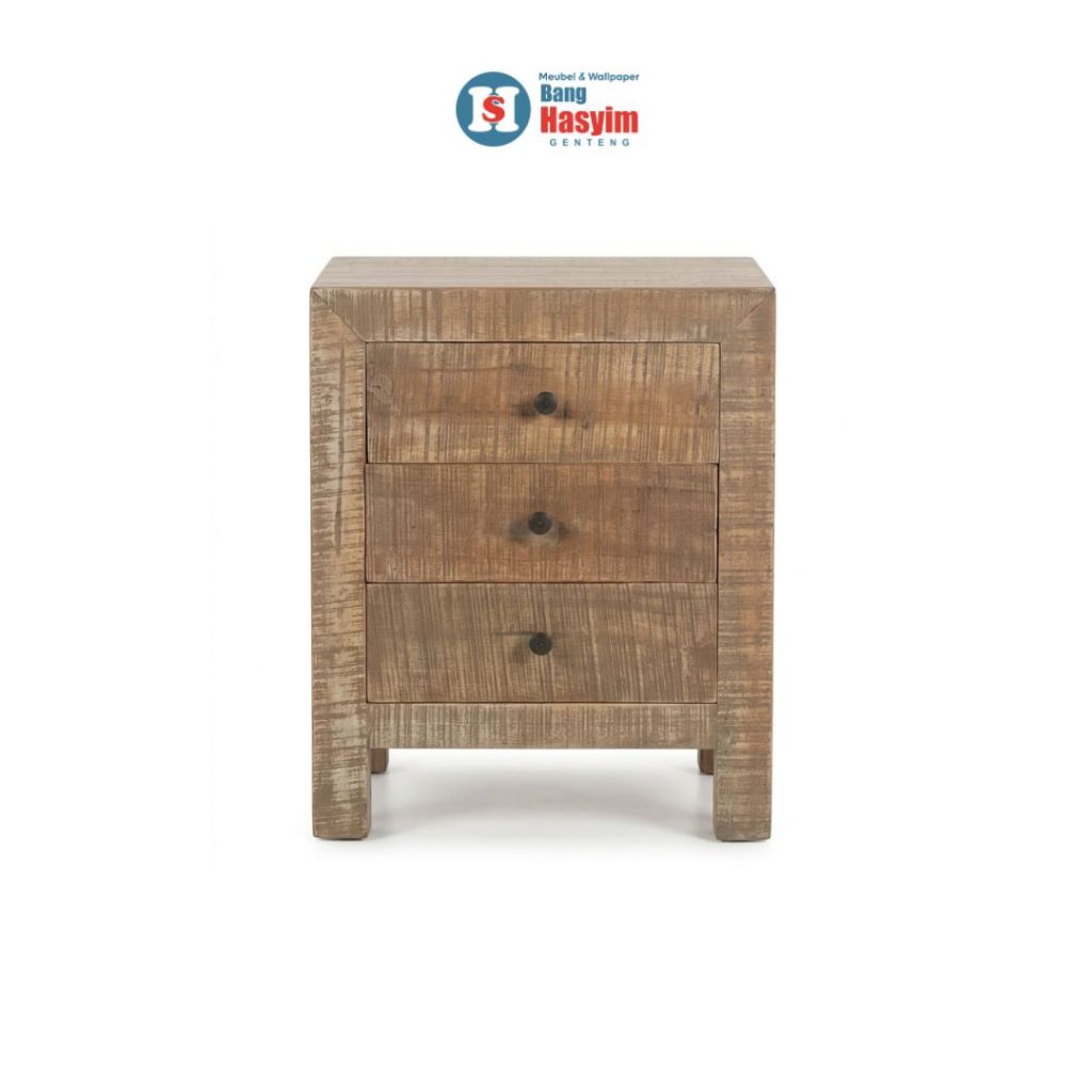BANG HASYIM Nakas Minimalis, Meja Samping Tempat Tidur, Bedside Table Kayu, Nakas 3 Laci, Meja Kamar