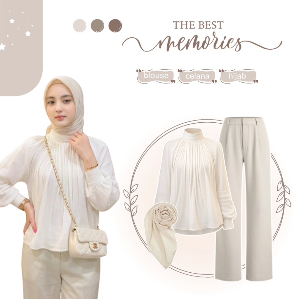 One Set Outfit Cewek | Blouse Putih + Celana Kulot + Hijab Bella | Satu Set Wanita Terkini - EO57N