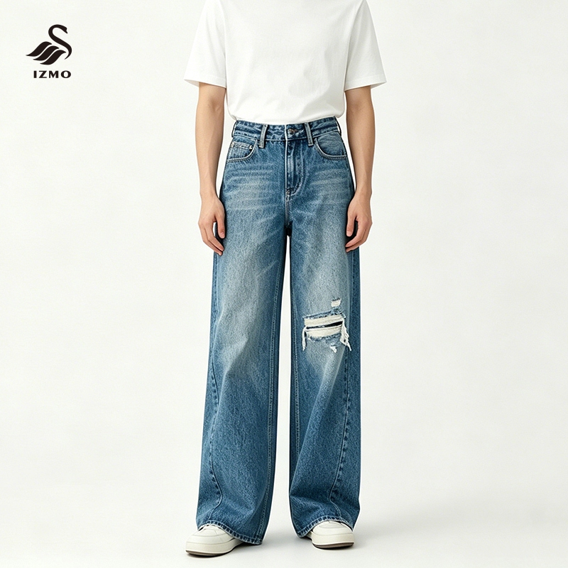 IZMO celana jeans pria baggy straight sobek korean style denim premium
