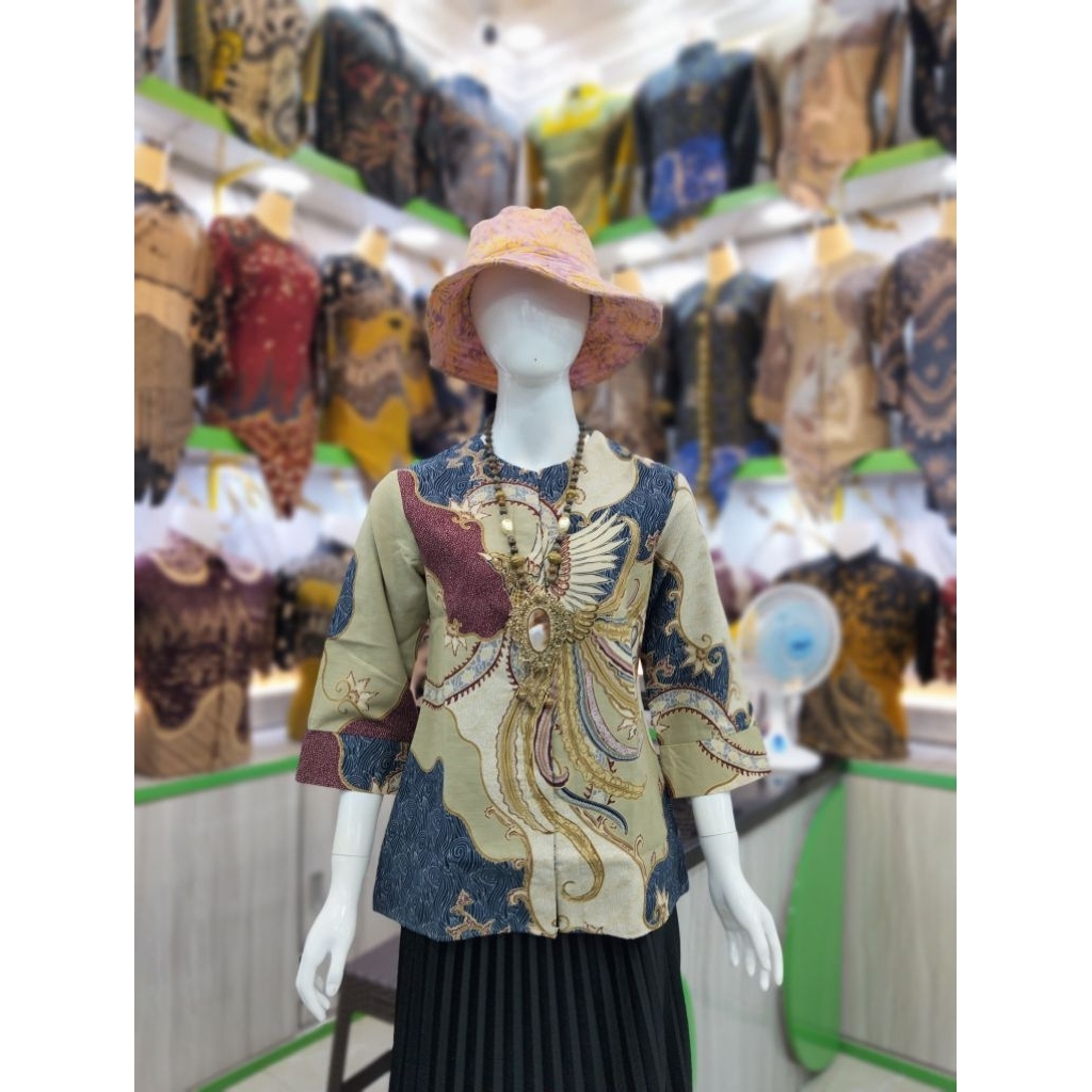 BLOUSE BATIK ATASAN WANITA QISTINA BATIK MOTIF GANESHA WARNA HIJAU SAGE BAHAN KATUN HALUS FULL LAPIS