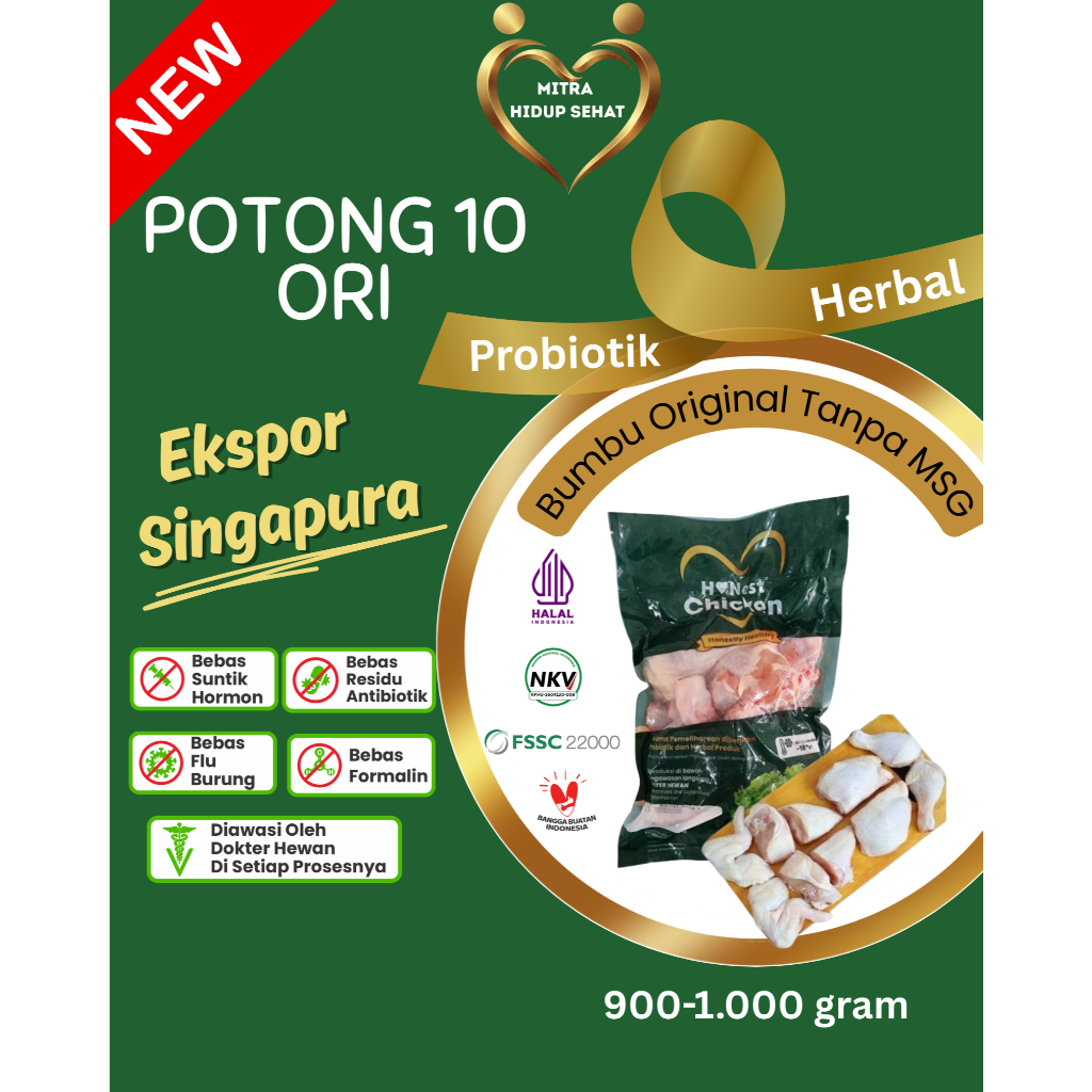 POTONG 10 MARINASI (BERBUMBU), GURIH, AYAM PROBIOTIK+HERBAL, HALAL, NKV, FSSC 900-1000gram