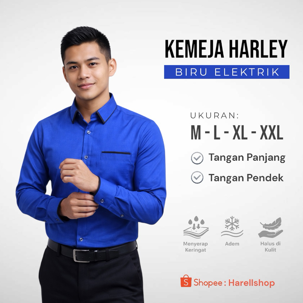 Kemeja Harley Pria Biru Elektrik / Biru BCA – Kemeja Cowok Lengan Panjang & Pendek Formal Casual Ade