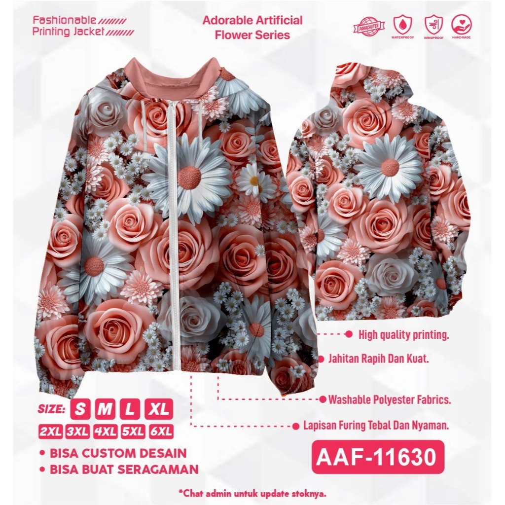 Jaket Parasut Wanita Printing Jumbo /  over size pria dan wanita Motif Bunga Flower 3D Art01