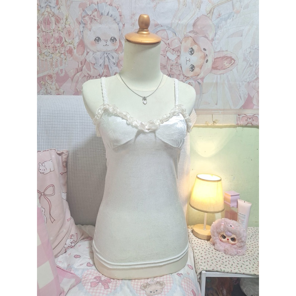 Tralala Velvet Tank Top Coquette Dollette Kawaii Atasan Pita Bow Lace Cream White