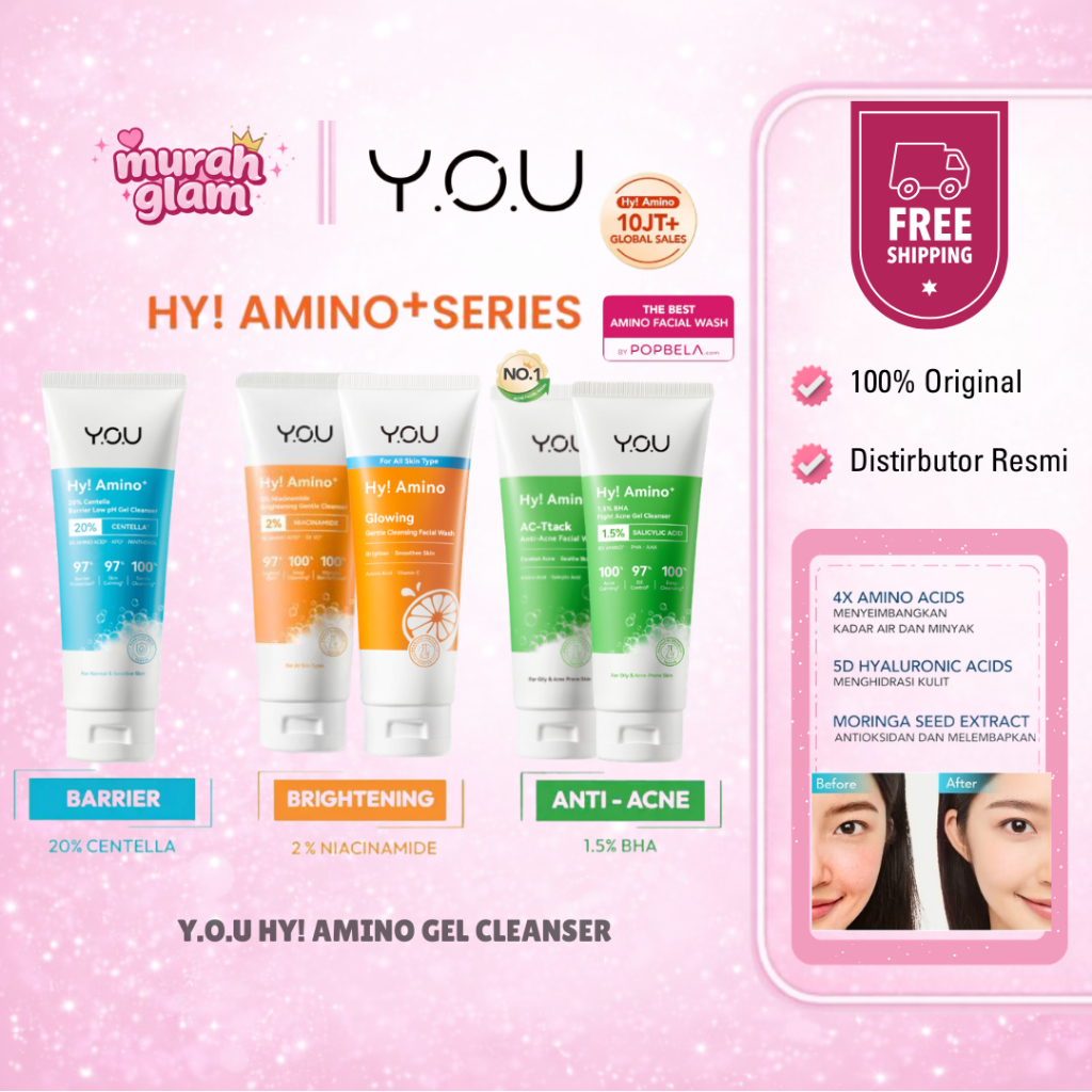 YOU Hy Amino+ 2% Niacinamide Brightening Gentle Cleanser Gel  I 20% Centella Barrier Low pH Gel Clea