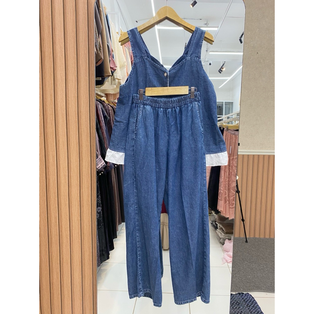 One set vest jeans wanita celana kulot