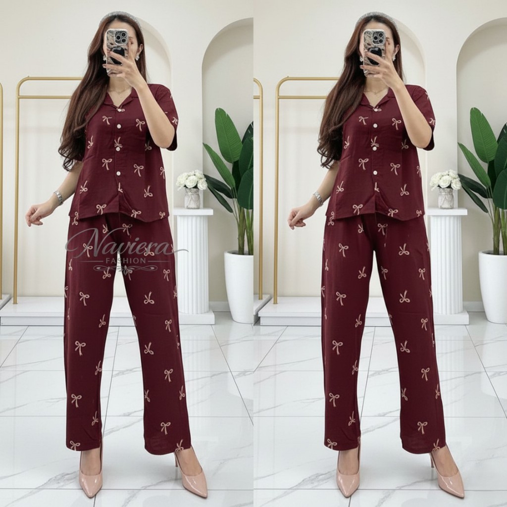 Oneset Wanita Motif Pita Kancing Busui Friendly / Setelan Wanita Celana Kulot Panjang Lengan Pendek