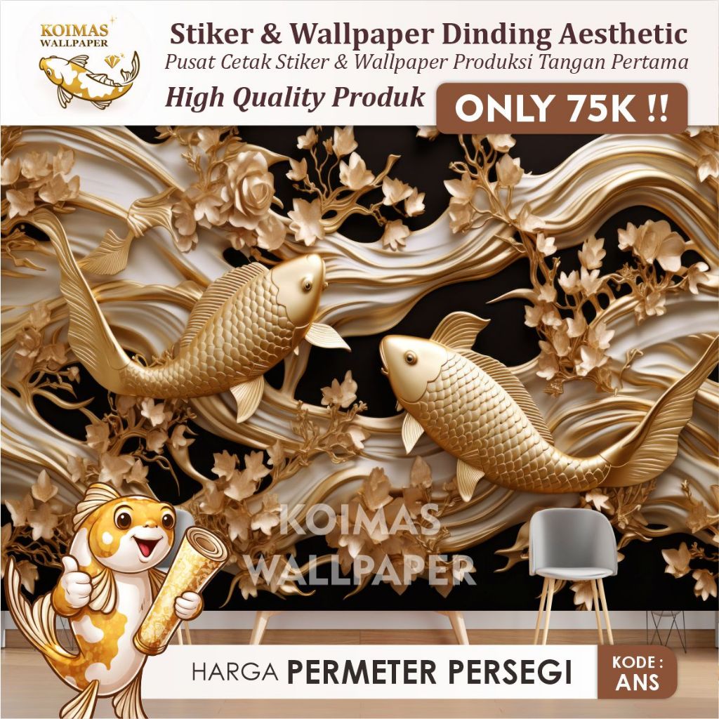 Stiker Dinding Ikan Koi Hitam Emas 3D Wallpaper Ikan Koi Fish 3D Mewah & Realistis  Wallpaper Dindin