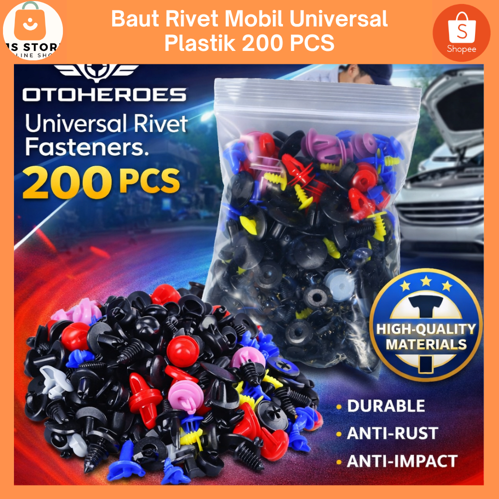 200 Pcs Baut Rivet Mobil Universal Plastik / Baut Klip Kancing / Baut Dashboar Kap Mobil Motor / Bau