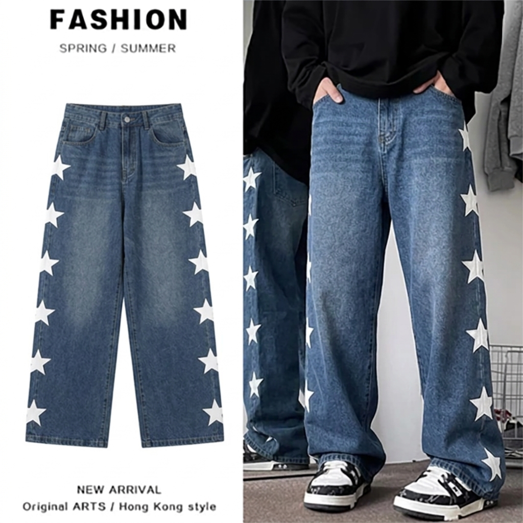 Celana jeans pria panjang baggy pants straight celana denim dewasa kulot loose fit jumbo cowok casua