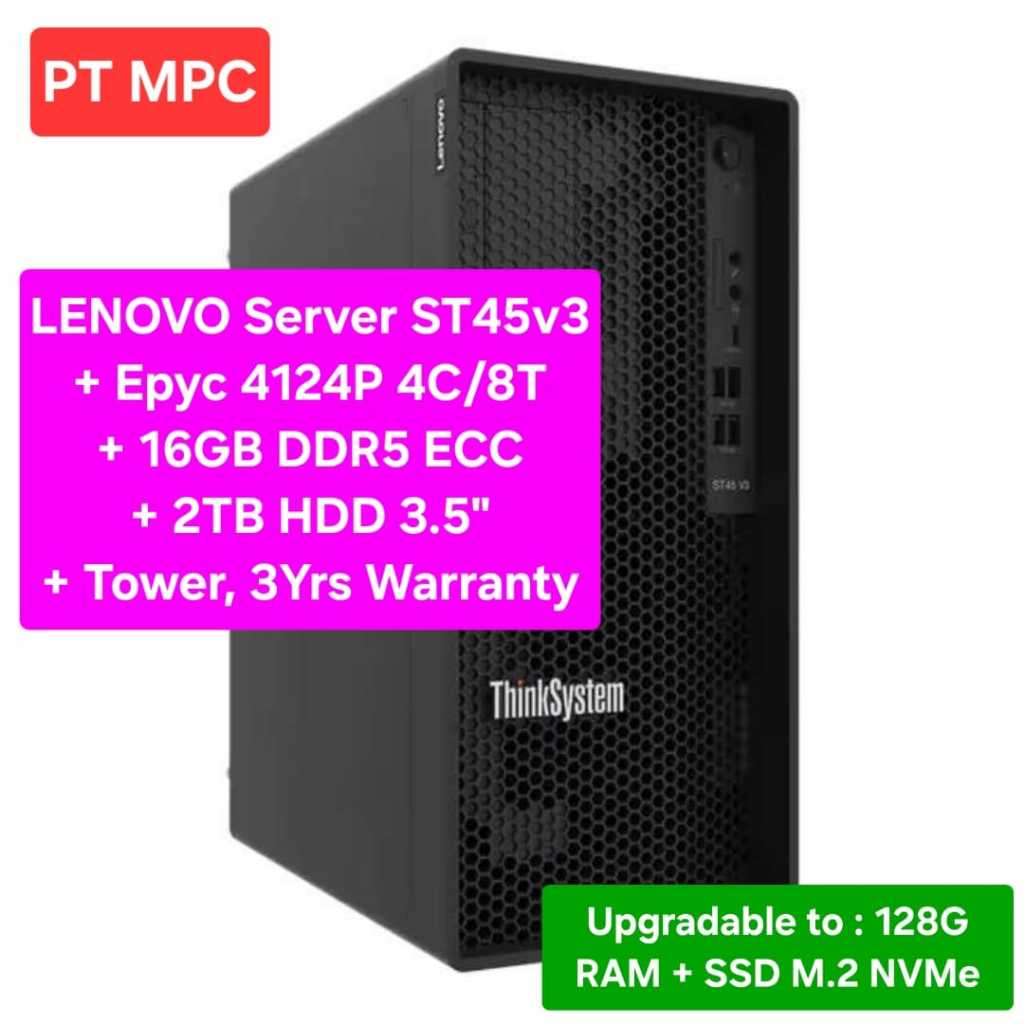 SERVER LENOVO ST45 V3 ThinkSystem Tower | AMD Epyc 4124P 4C/8T | RAM  16GB DDR5 | 2TB HDD | ST45v3 n