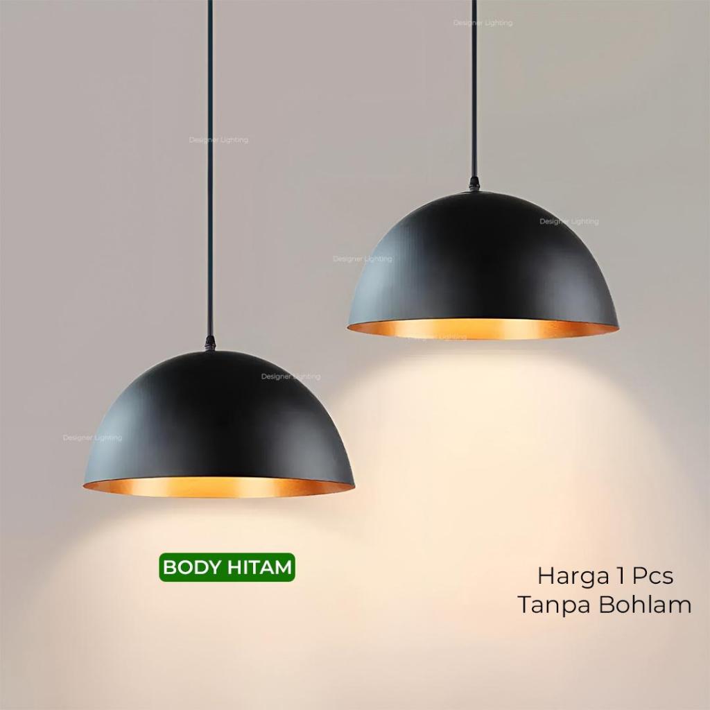 Lampu gantung kap industrial 50cm fiting e27 body luar hitam putih dalam gold minimalis resto cafe p