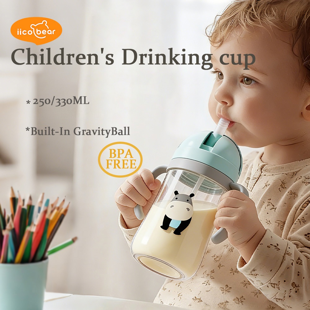 Iico Bear Botol Minum Bayi/Gelas Minum Sedotan Anak Training Cup Dengan Pegangan Tangan250 330Ml
