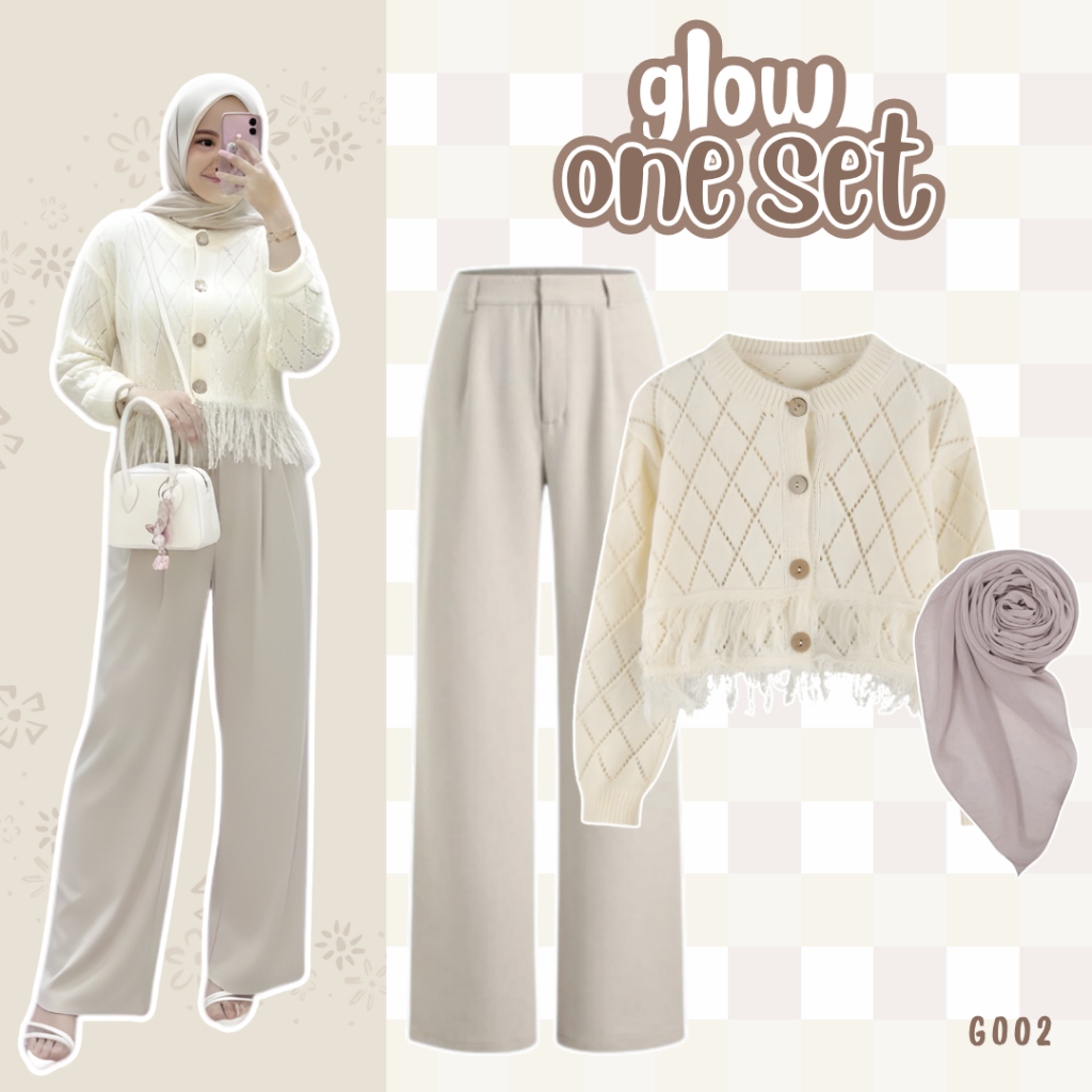 Outfit Pantai | Celana + Cardigan Rajut + Hijab Bella Square | Outfit Pantai Wanita Hijab GO02