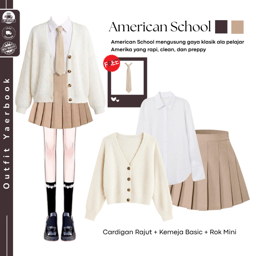 Zela One Set Ootd Yearbook American School  | Kemeja Basic + Cardigan Rajut +  Rok Mini | One Set Ou