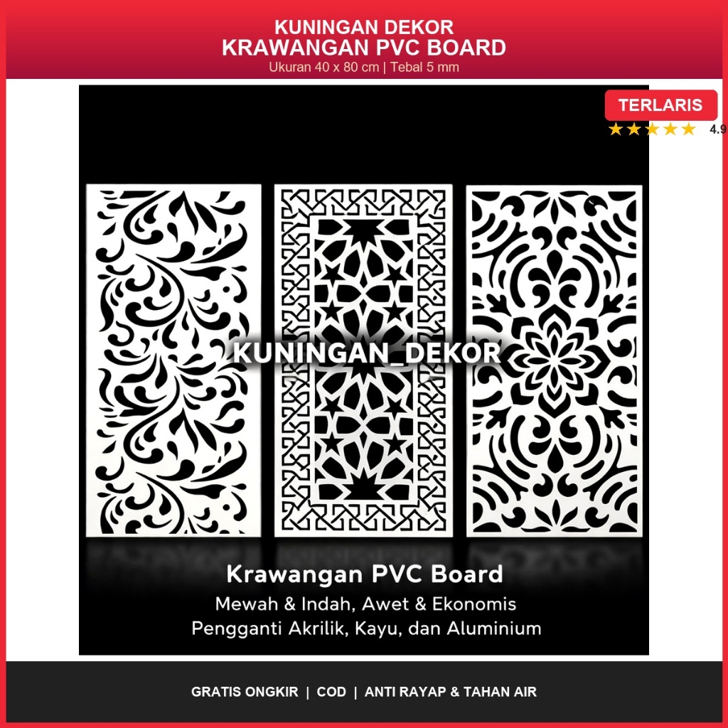 Ornamen PVC Foam Board 40x80cm Krawangan Panel Dekoratif Dinding Plafon Partisi Laser Cut Premium 5m