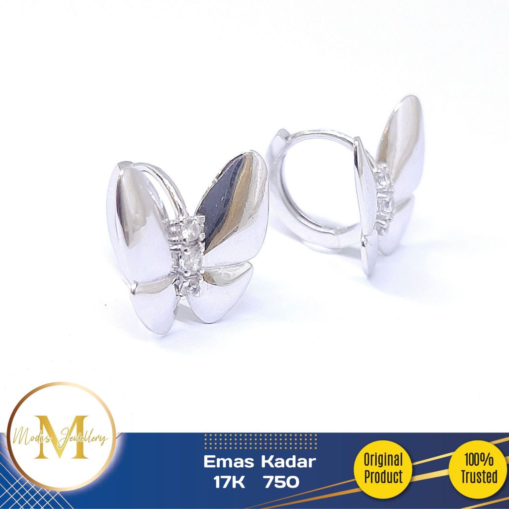 MODIS JEWELLERY - Anting Jepit Butterfly Putih - Emas 17k 750