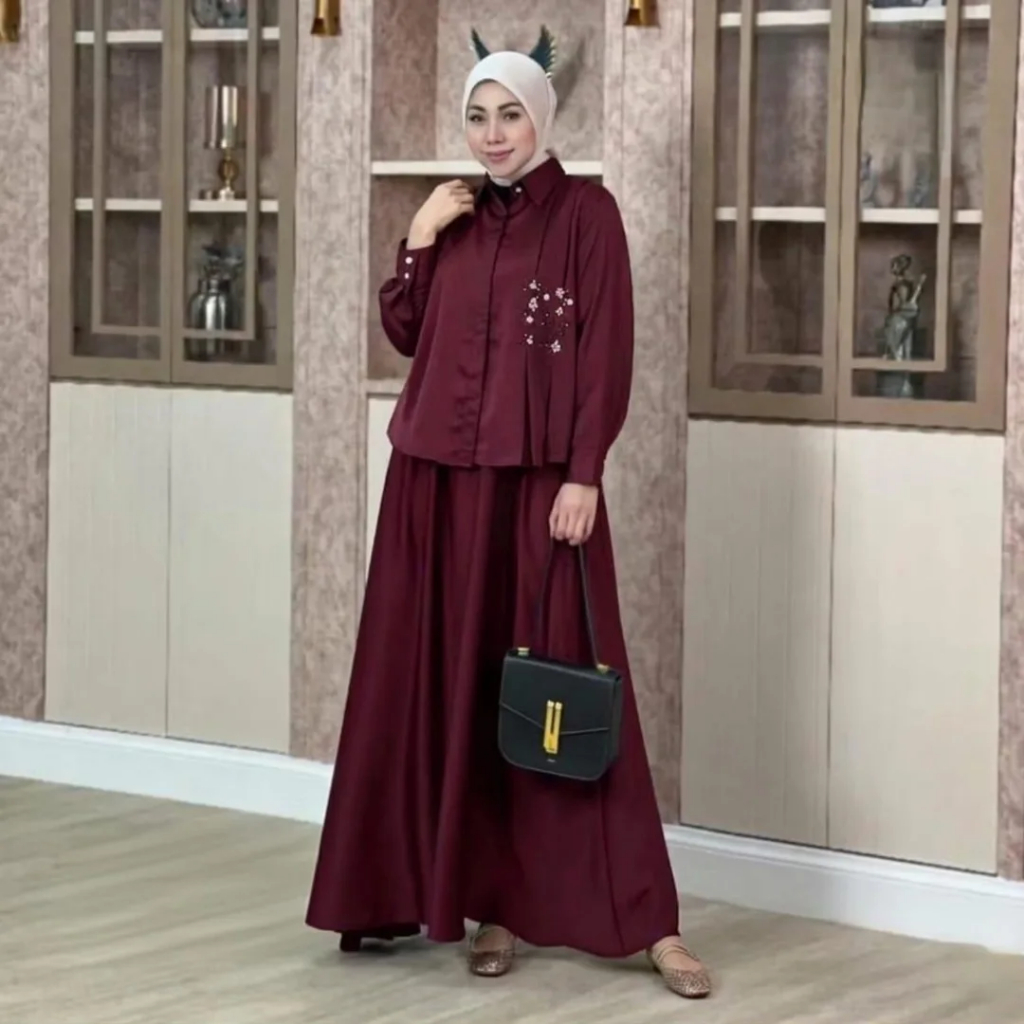 Maleafashion Setelan Atasan + Rok Muslimah Valerie Set Wanita Bahan Polo Linen One Set Payet Terbaru