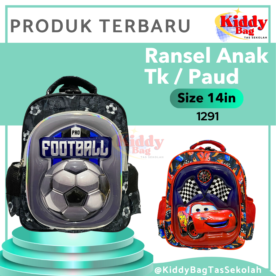 Kiddy Bag Tas Sekolah Anak TK PAUD Ukuran 14 Inch Ransel Anak Laki-Laki Karakter Bola Football Mobil