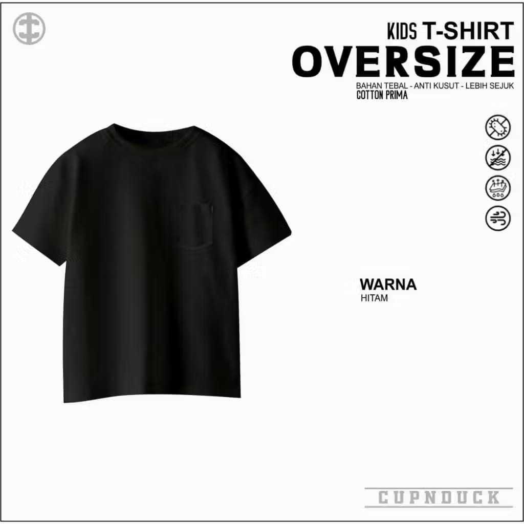 Kaos Oversize Hitam Pocket Polos Anak 2-12 tahun