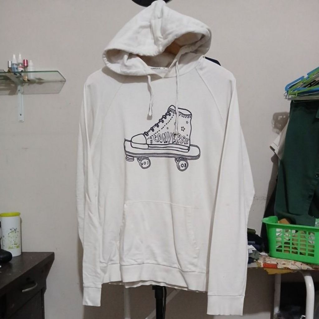 Kaos katun tebal lembut Crewneck hoodie warna broken White ujung rip masih mantap CONVERSE Second Or