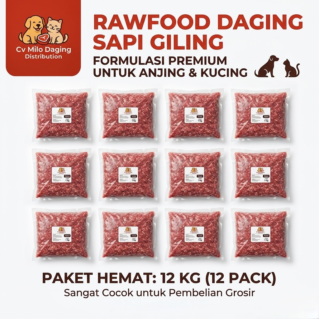 Milo Daging Paket Breeder 12 Kg Daging Sapi Giling Mentah Rawfood Anjing Kucing BARF