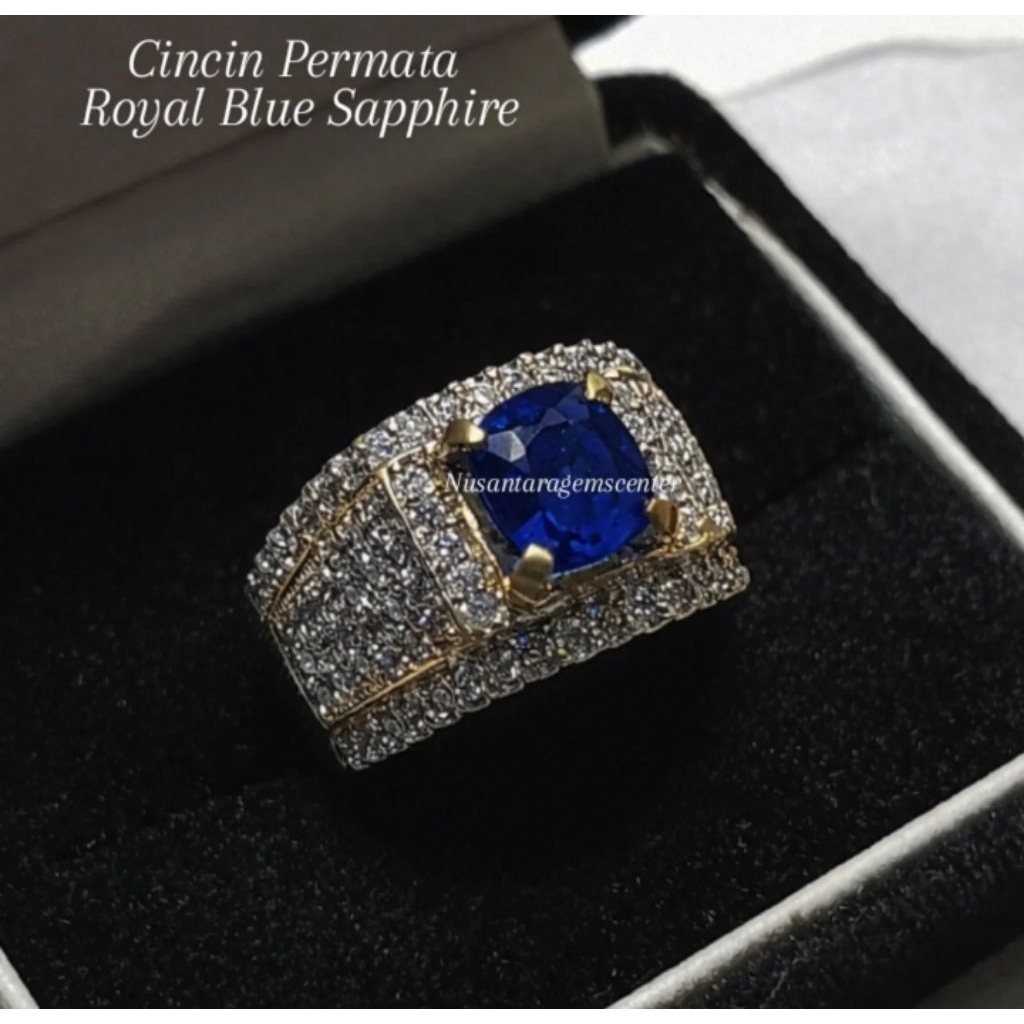 Cincin Permata Royal Blue Sapphire Ring Mewah Microsetting Full Zircon