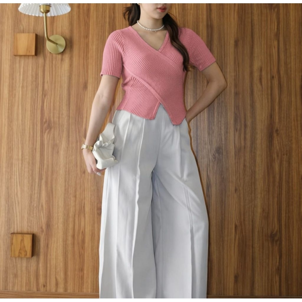 Top knit V-neck Korean style wrap top atasan rajut wanita lengan pendek / baju rajut blus wanita