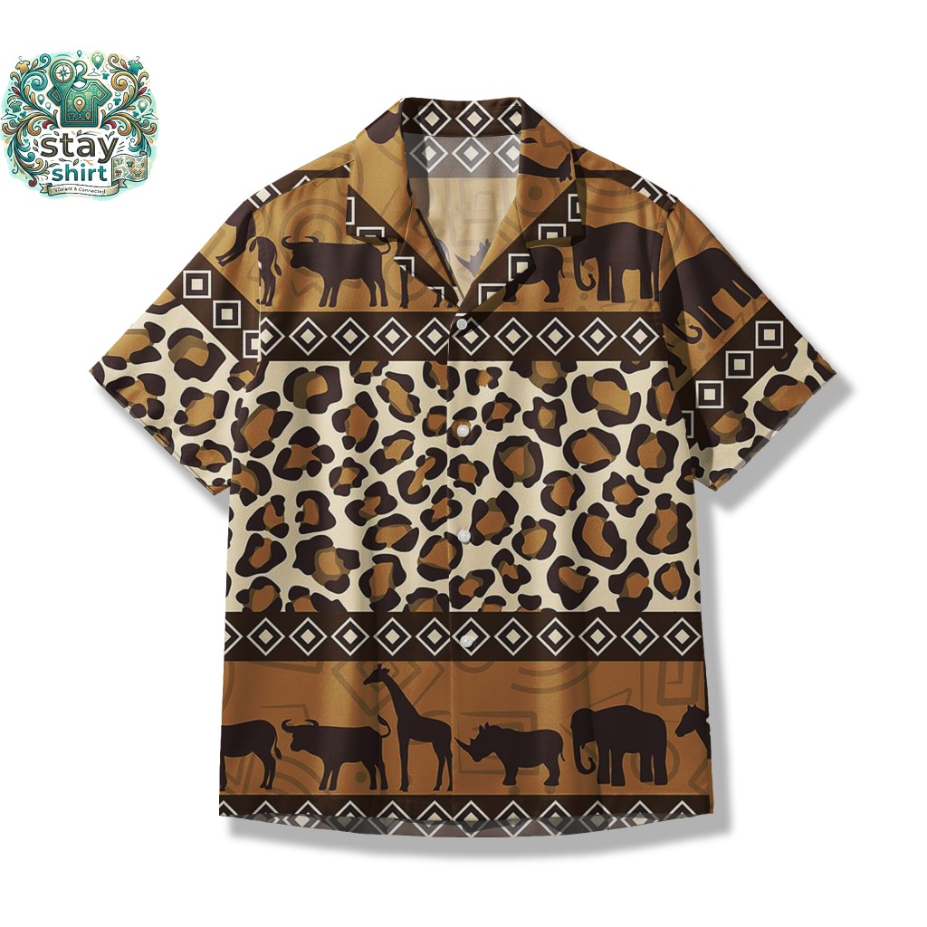 Kemeja Unisex Full Print African Safari - Baju Casual Pria Wanita Motif Tribal Wildlife & Leopard - 