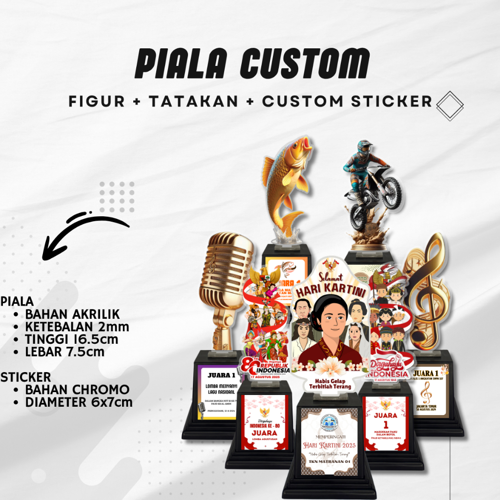 Piala Akrilik Custom Stiker Figur Musik Mic Motorcross Ikan Turnamen Event Untuk Hadiah Lomba