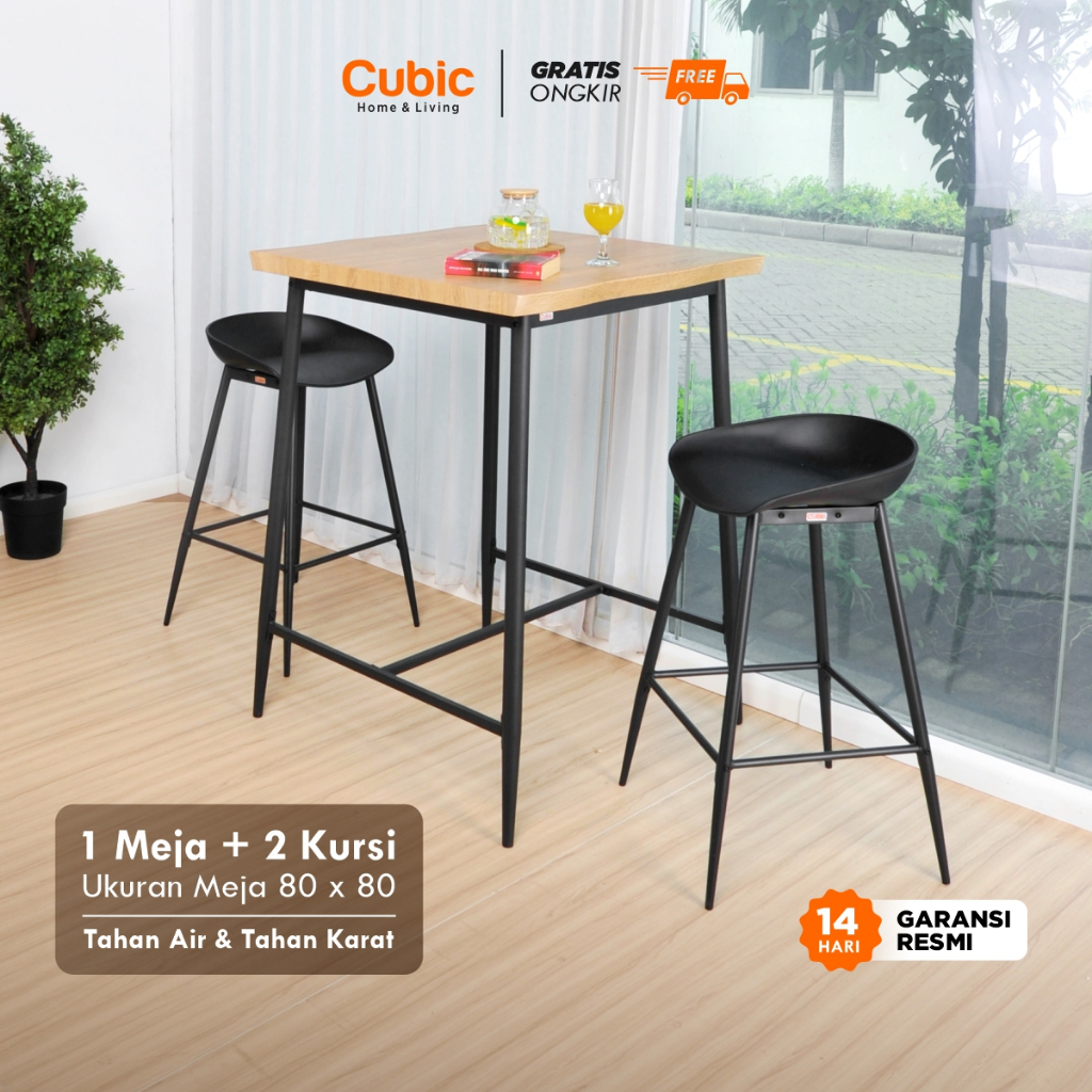 Cubic Set Meja Bar + 2 Kursi Bar Industrial / Meja Makan Tinggi Cafe - ELENA BT 80