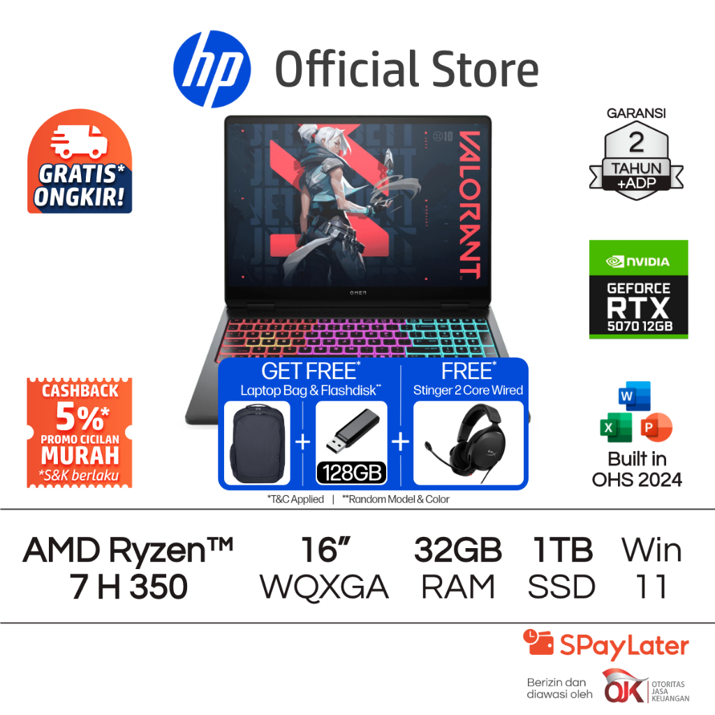 OMEN Laptop Gaming HP AMD Ryzen AI 7 NVIDIA GeForce RTX 5070 32GB RAM 1TB SSD Shadow Black Free Wind