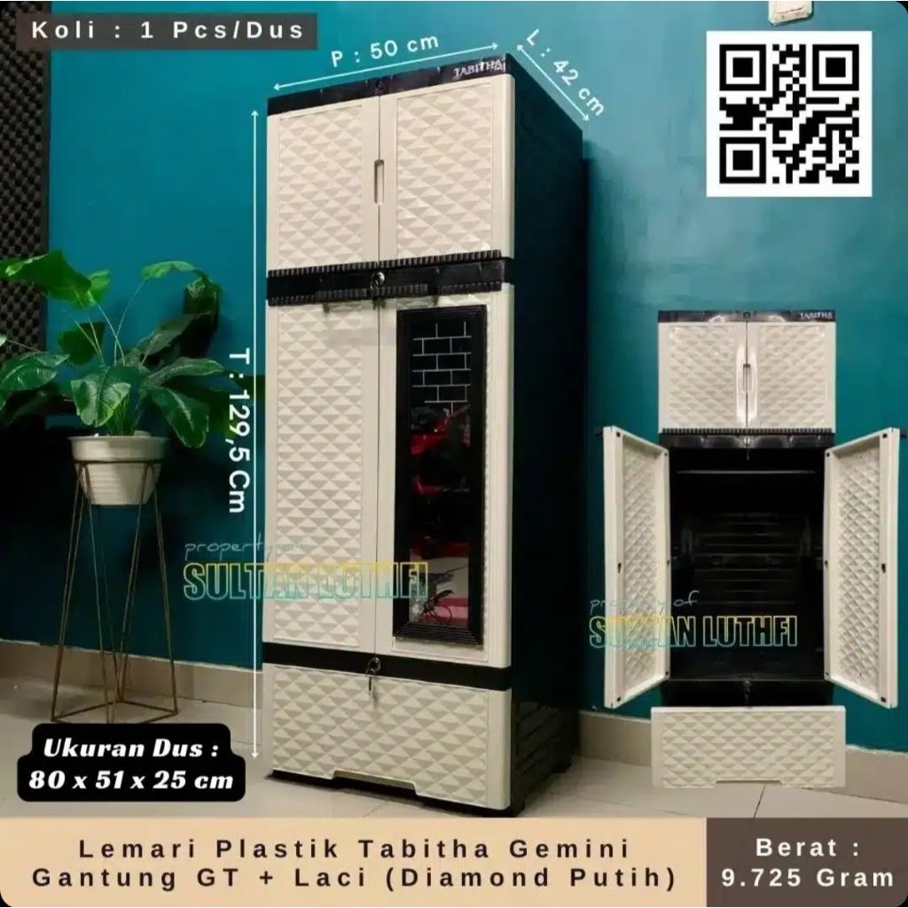 Lemari Plastik Tabitha Gemini Gantung GT + Laci (Diamond Putih)