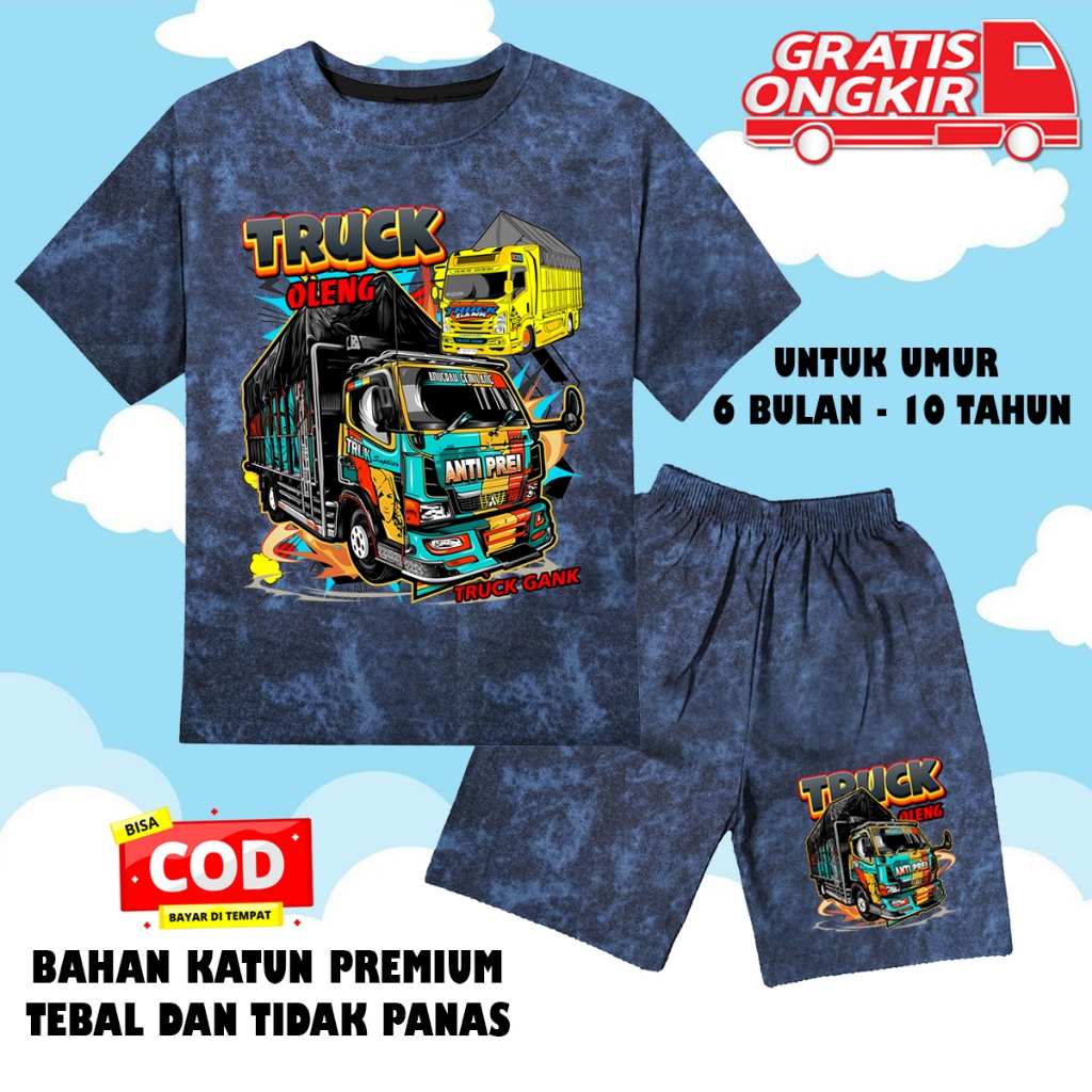 Setelan stelan kaos baju pendek anak laki laki perempuan unisex kaos anak mobil truck oleng 3