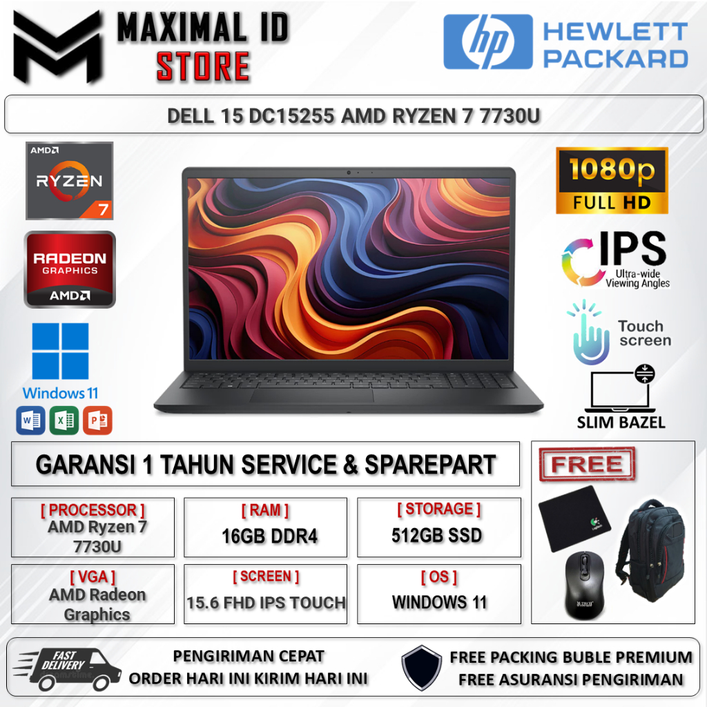 Laptop Dell 15 DC15255 Amd Ryzen 7 7730U 16GB 512GB 15.6 FHD IPS Touch Win11Home Black