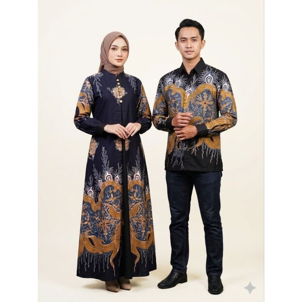 COUPLE GAMIS BATIK BUKA DEPAN LAPISAN POLOSAN KATUN TOYOBO JEPANG DAN KEMEJA BATIK LENGAN PANJANG BA