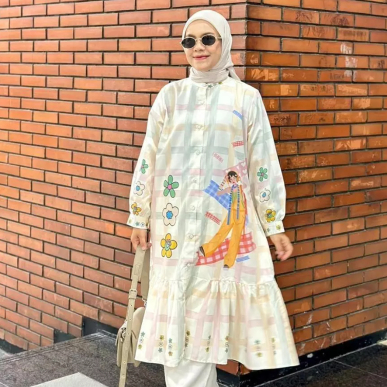 REBECCA Cartoon Printed Tunic | Atasan Tunik Oversize Katun Toyobo Full Printing Premium Motif Kotak