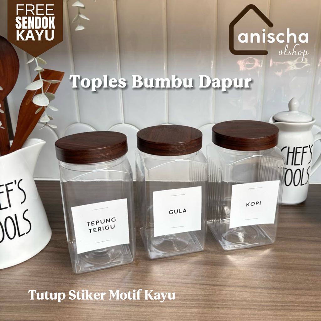 Free Sendok- Toples Refill Bumbu Dapur Toples Kotak Tutup Lapisan Motif Kayu Free Label Stiker Vynl 