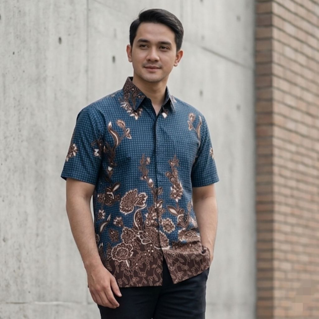 Batik Pria Lengan Pendek Biru Emerald Katun Signature Reguler Modern - Seragam Batik Pria Pesta Dan 